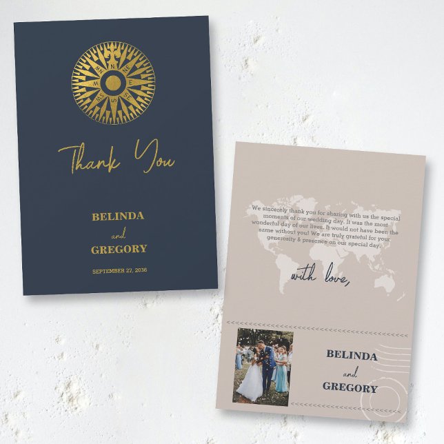 Passkompass för destinationsbröllop Bröllop Tack Kort (Destination Wedding Passport Compass Wedding Thank You Card)