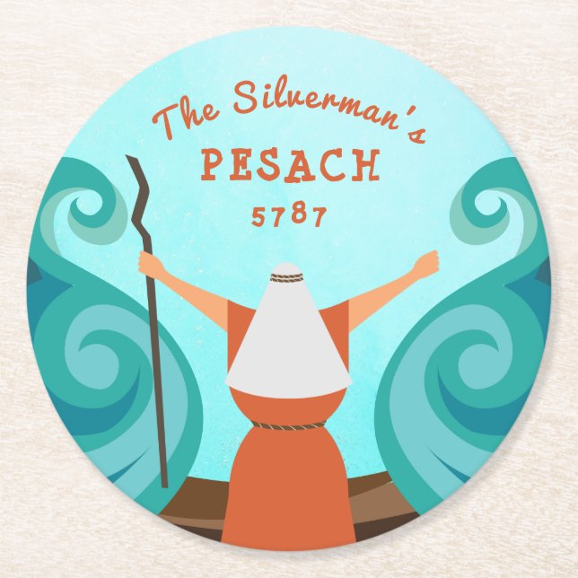 Passover Blue Teal Brown Anpassningsbar Family Nam Underlägg Papper Rund (Framsidan)