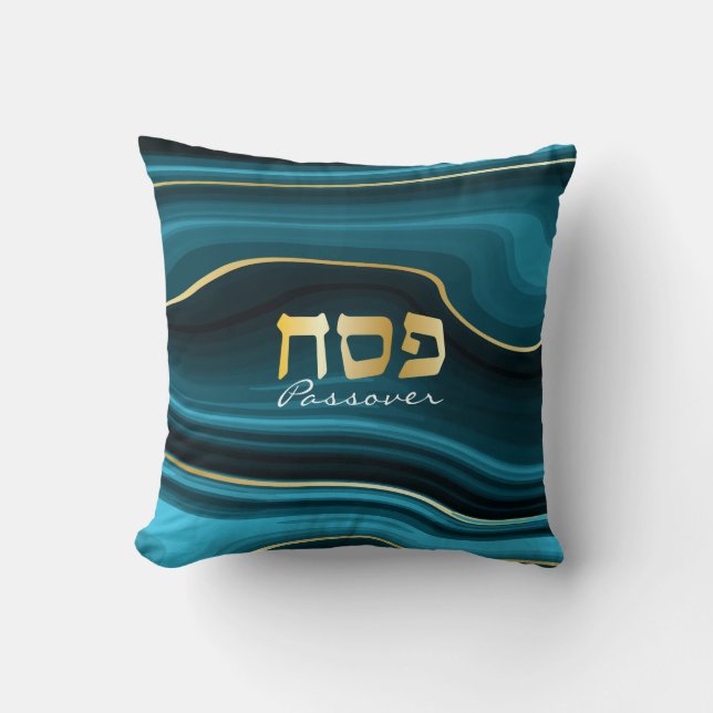 Passover Hebrew Teal, Turquise och Guld Faux Agate Kudde (Framsida)