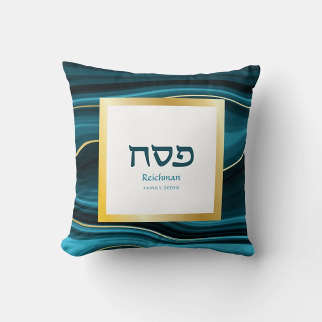Passover Hebrew Teal, Turquise och Guld Faux Agate Kudde (Framsida)
