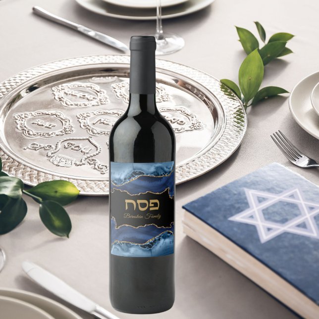 Passover Seder Agate Blue Guld Hebrew Vinflaska Etikett (Skapare uppladdad)