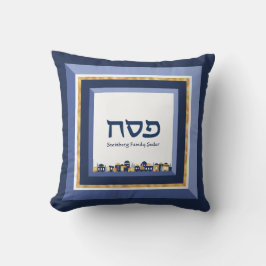 Passover Seder Jerusalem Blue Guld Hebrew Kudde