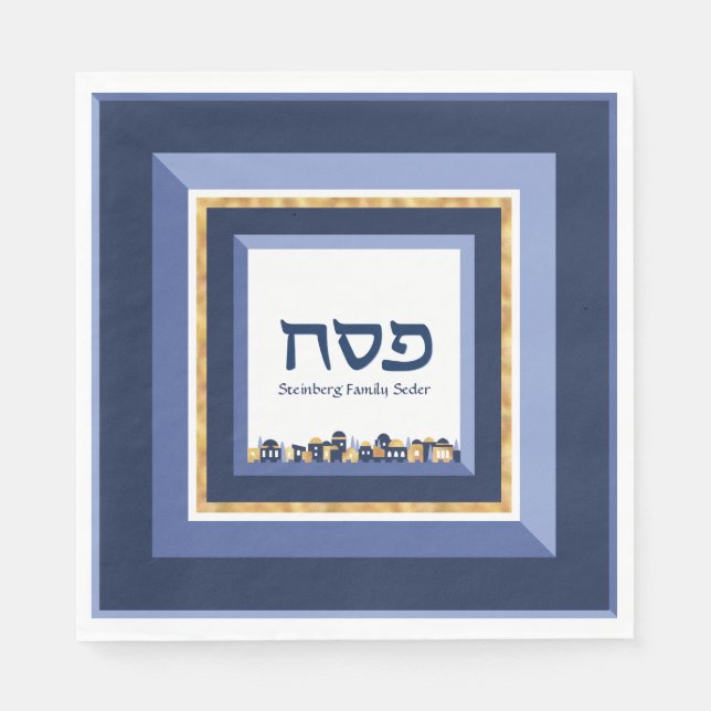 Passover Seder Jerusalem Blue Guld Hebrew Pappersservett (Framsidan)