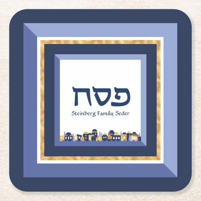 Passover Seder Jerusalem Blue Guld Hebrew  Underlägg Papper Kvadrat (Framsidan)