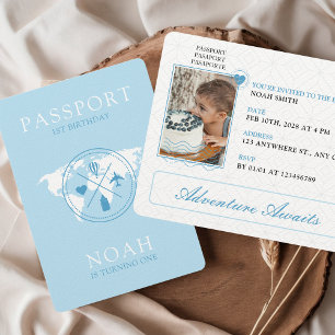 Passport Äventyr Begins Blue Boy 1:a födelsedagen Inbjudningar