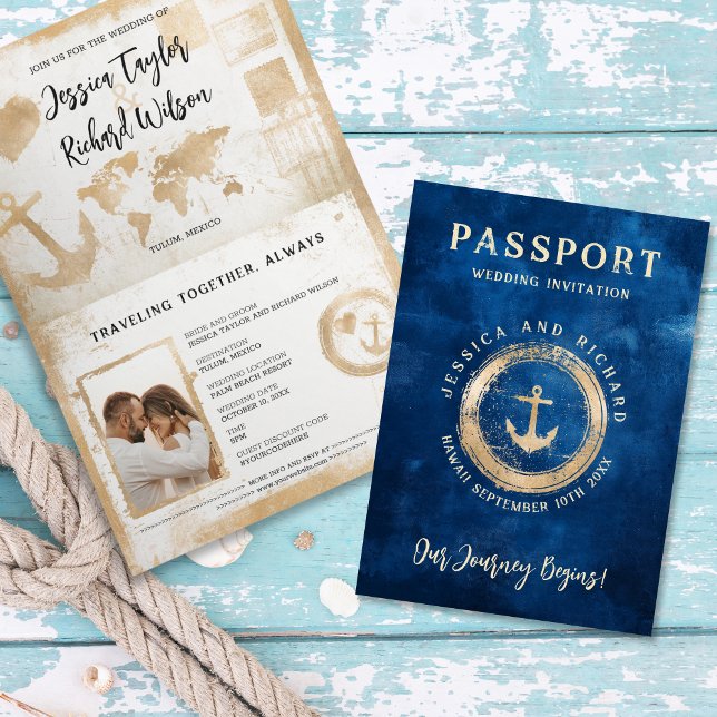Passport Bröllop Cruise Nautical Coastal Vintage Inbjudan (passport wedding invitation with golden stamp with anchor)