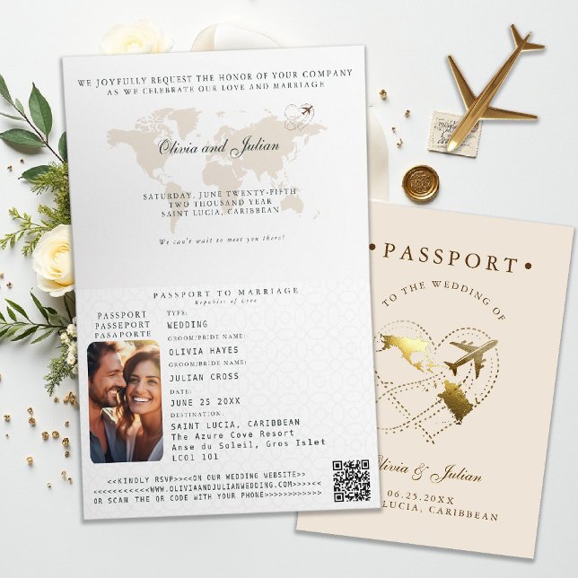 Passport Cover Flygplan Västindiens destinationsbr Inbjudan (passport destination wedding invitation saint lucia carribean elegant calligraphy rsvp qr)