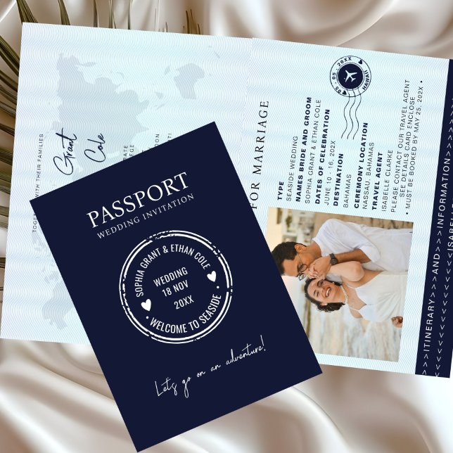 Passport Destination Wedding Blue invitation Inbjudan (Skapare uppladdad)