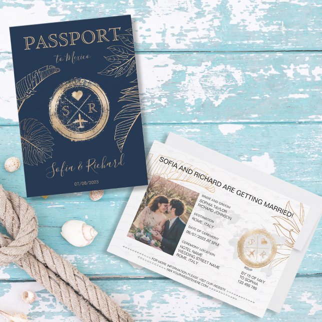 Passport Destination Wedding Handflatan Flygplan M Inbjudningar (passport navy blue with gold stamp and palm leaves)