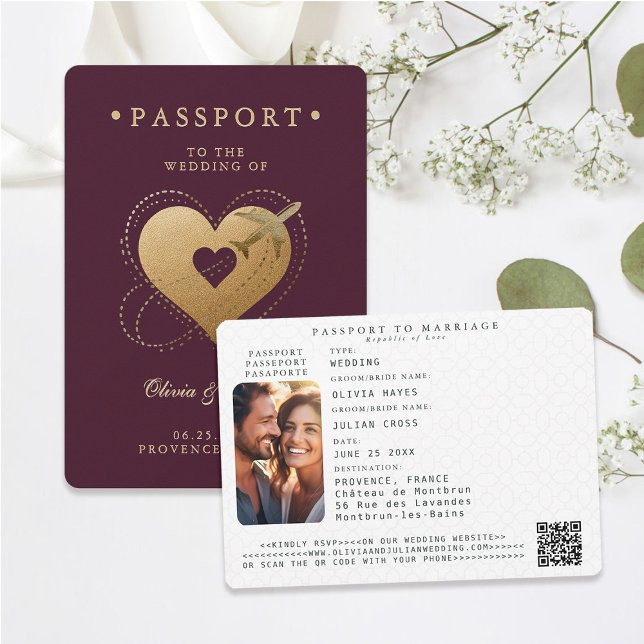 Passport Guld Hearts Flygplan Red Destination bröl Inbjudningar (passport wedding invitation card destination getaway burgundy red faux gold hearts airplane)