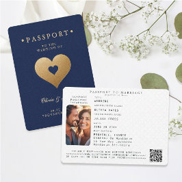 Passport Navy Faux Guld Hearts Destinationsbröllop Inbjudningar
