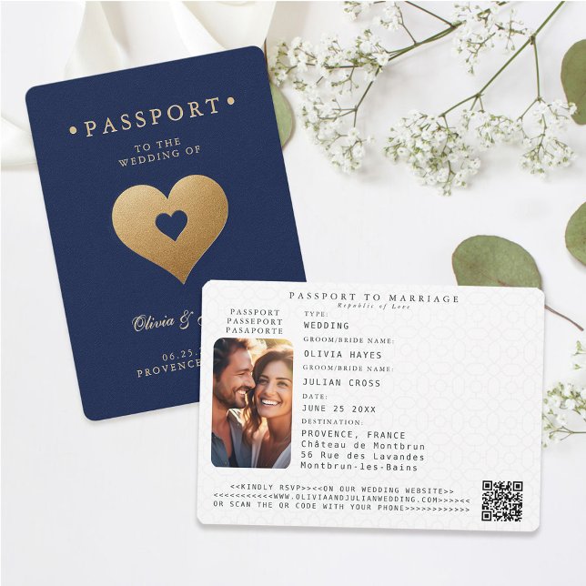 Passport Navy Faux Guld Hearts Destinationsbröllop Inbjudningar (passport wedding invitation card destination getaway navy blue faux gold hearts modern classy)