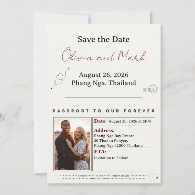 Passport Save Date - Burgundy & Champagne Inbjudningar (Framsida)