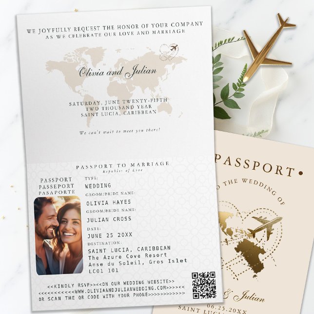 Passport St. Lucia Caribbean Destination Wedding Inbjudan (passport wedding invitation destination saint lucia caribbean elegant calligraphy rsvp qr)