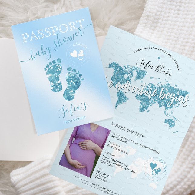 Passport Travel Boy Baby Shower Äventyr Begins Inbjudan (it's a boy baby shower passport invitation)