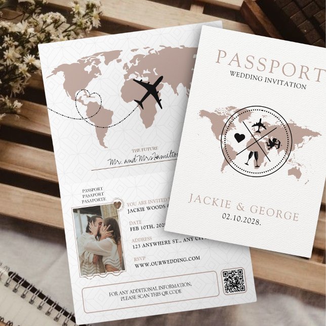 Passport Unik inbjudan till destinationsbröllop (Unique Passport Wedding Invitation for Destination Wedding Beige Aesthetic Muted Colors Elegant Cute)
