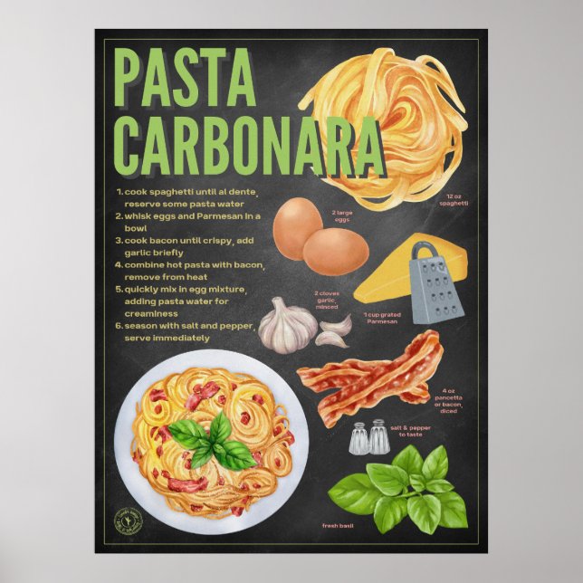 Pasta Carbonara Recipe Chalkboard Kitchen Art Poster (Framsidan)