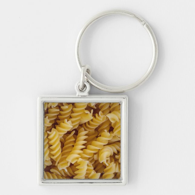 Pasta Fusilli Noodles Fyrkantig Silverfärgad Nyckelring (Framsidan)