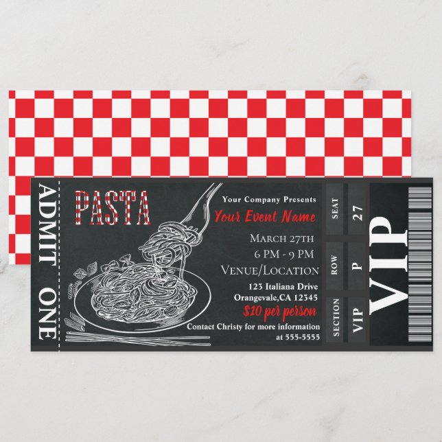 Pasta Middag Krit VIP Rustik Middag Fest Biljett Inbjudningar (Fram/baksida)