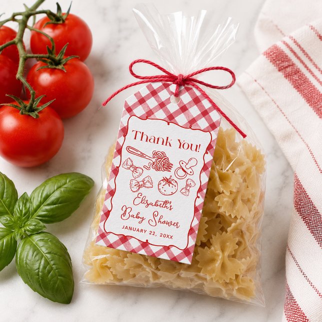 Pasta & Nappflaskor Handritad Italiensk Baby Showe Presentetikett (Pasta & Pacifiers Hand Drawn Italian Baby Shower Gift Tags)