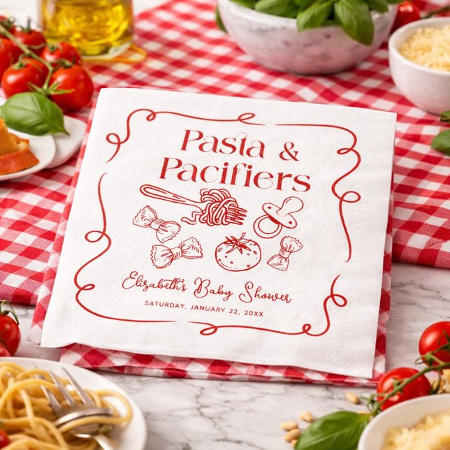 Pasta & Nappflaskor Handritad italiensk babyfest Pappersservett (Pasta & Pacifiers Italian Baby Shower Paper Napkins)