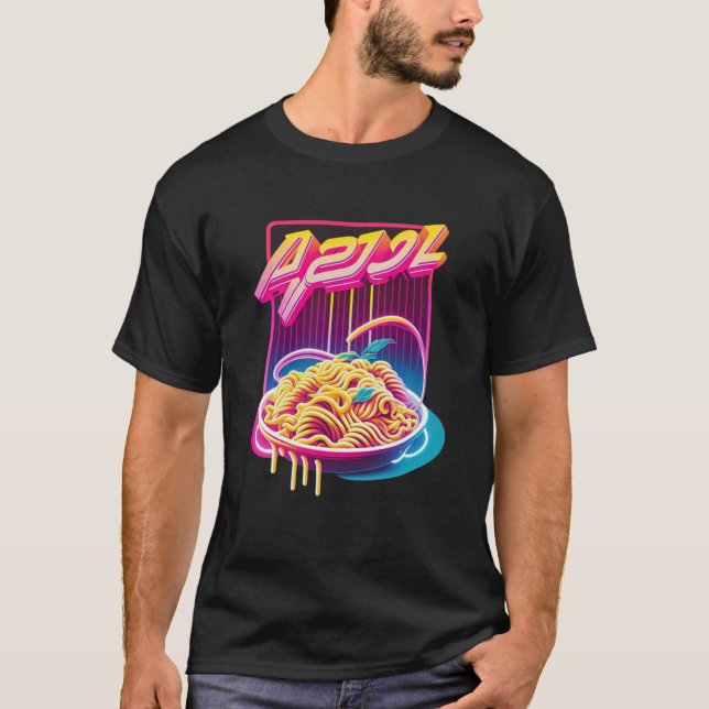 Pasta Synthwave 80s Retrowave Aesthetic T Shirt (Framsida)