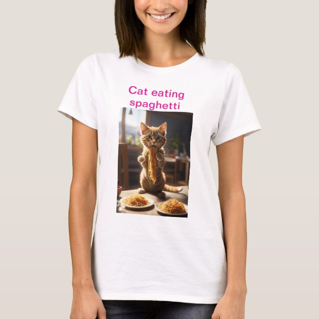 "Pasta Tassar: Cat Eating Spaghetti T-Shirt" T Shirt (Framsida)