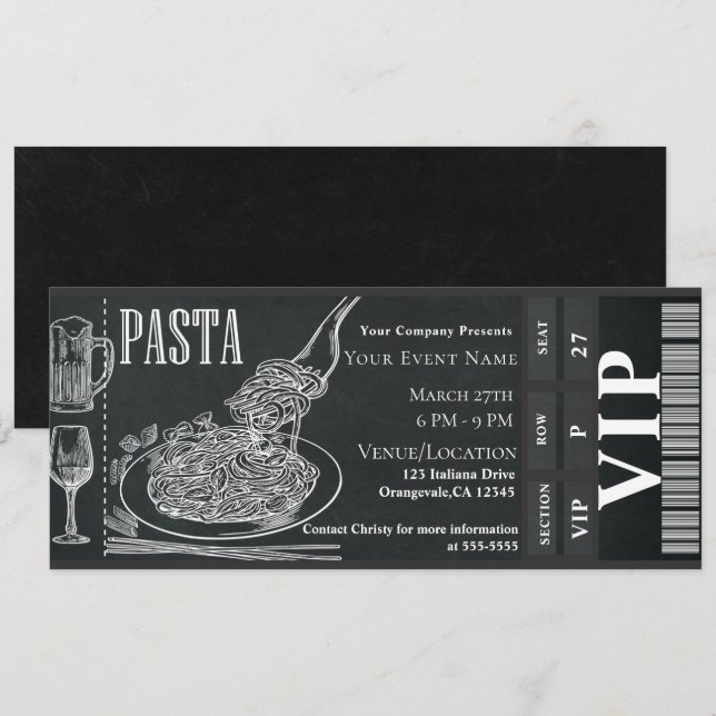 Pasta Vin Dinner Chalk VIP Middag Party Biljett Inbjudningar (Fram/baksida)