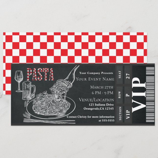 Pasta Vin Dinner Chalk VIP Middag Party Biljett Inbjudningar (Fram/baksida)