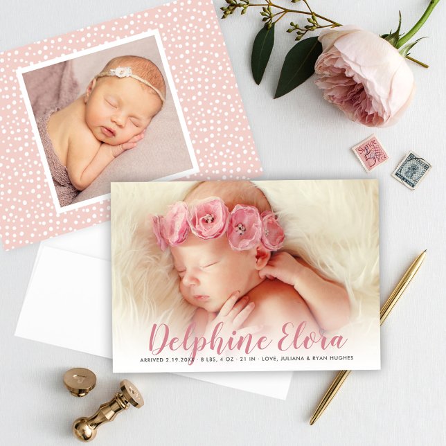 Påstående Namn Rosy Rosa Script Baby Photo Birth Meddelande (Skapare uppladdad)