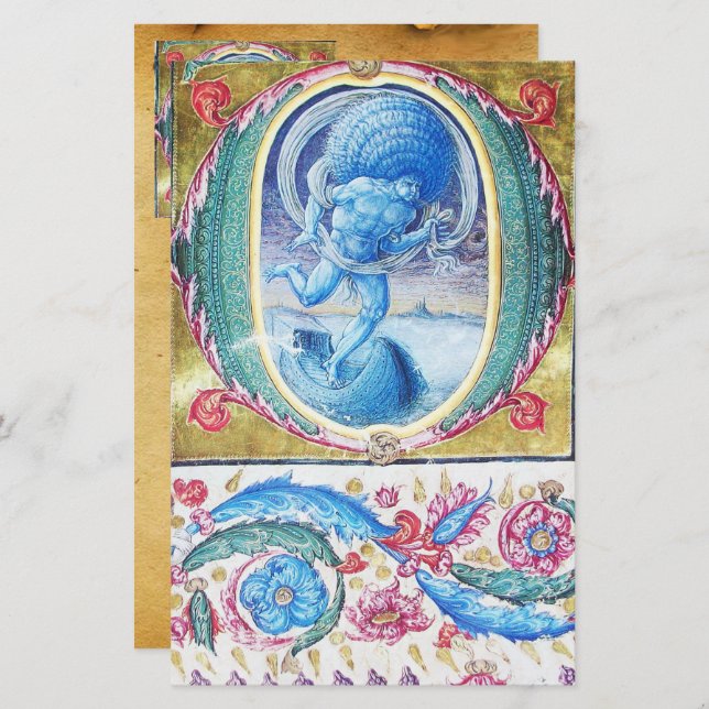 PÅSTÅENDE VIND ANTIQUE BLOMMIGT MINIATURE MONOGRAM BREVPAPPER (Fram/baksida)