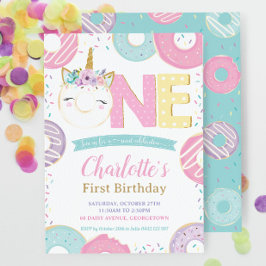 Pastel 1:a födelsedagen Cute Unicorn Donuts Doughn Inbjudningar