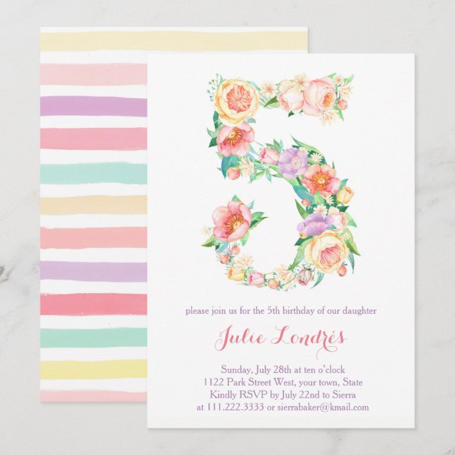 Pastel 5th Birthday Inbjudan för Alfresco Party (Fram/baksida)