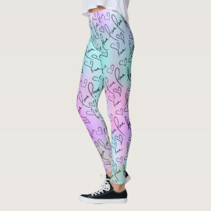 Pastel Abstrakt och Kärlek Hand Lettering Hearts Leggings