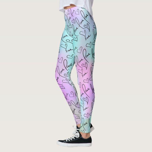 Pastel Abstrakt och Kärlek Hand Lettering Hearts Leggings (Vänster)