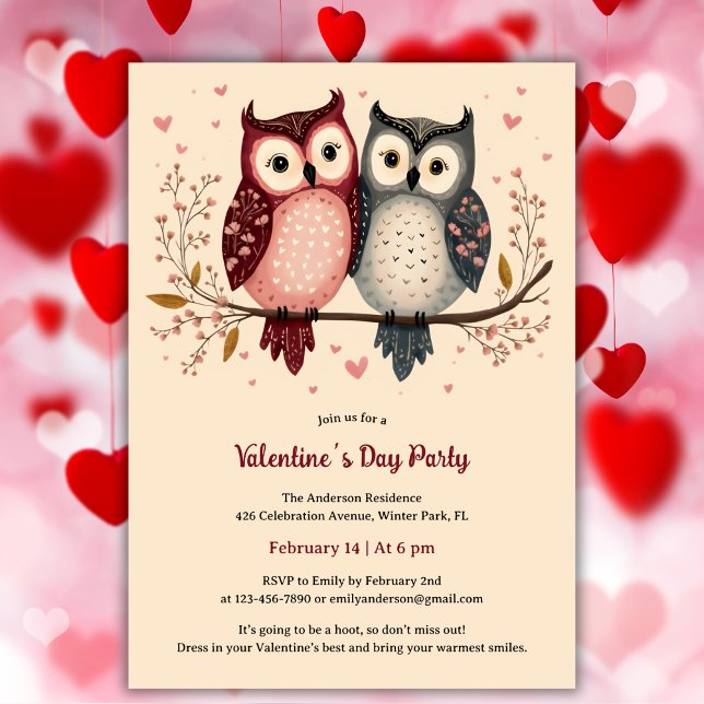 Pastel Adsible Cute Uggla Valentine Day Party Inbjudningar (Pastel Adorable Cute Owls Valentine's Day Party Invitation)