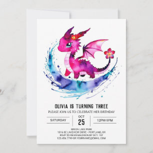 Pastel Adsible Dragon Digital Girl Birthday Inbjudningar