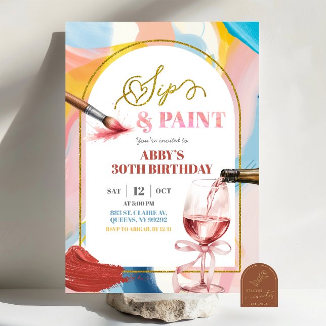 Pastel Adult Birthday Paint and Sip Invitation Inbjudningar (Skapare uppladdad)