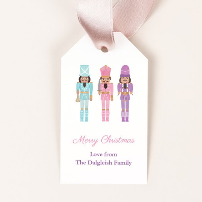 Pastel African American Nutcrackers Glad helg Presentetikett (African american nutcracker soldiers in pink, turquoise and purple uniforms merry christmas gift tag)