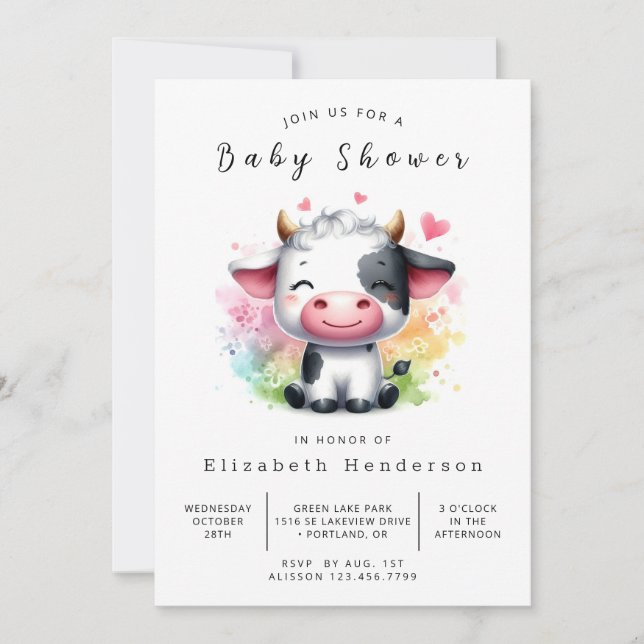 Pastel Animal Gracnice Cow Baby Shower Inbjudningar (Framsida)