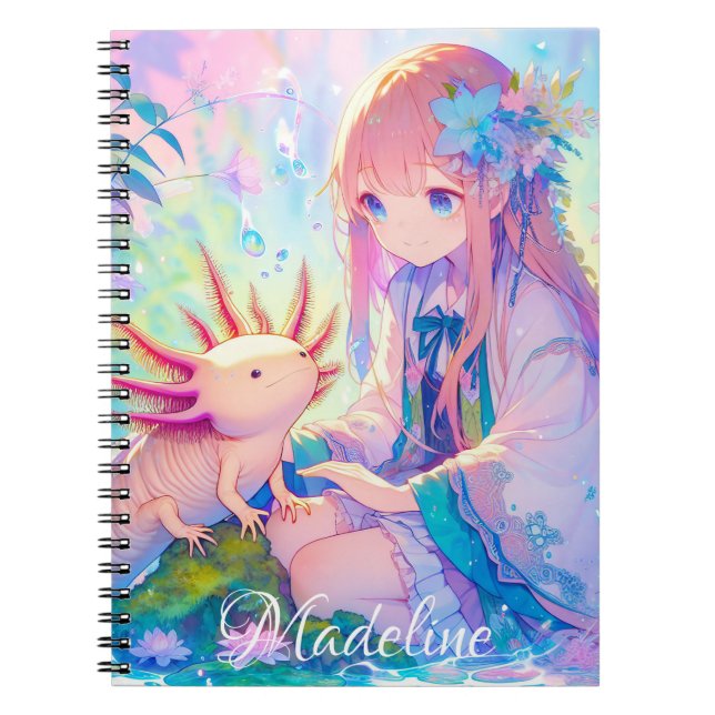 Pastel Anime Girl och en Axolotl Personlig Anteckningsbok (Framsidan)