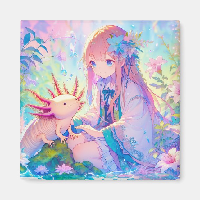Pastel Anime Girl och en Axolotl Personlig Magnet (Framsidan)
