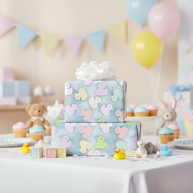 Pastel Anka- Milky Bath Presentpapper (Pastel rubber ducks on a bubbly blue background for sweet baby showers and cute kids’ gifting.)