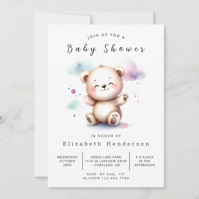 Pastel Anpassningsbar Bear Baby Shower Inbjudningar (Framsida)