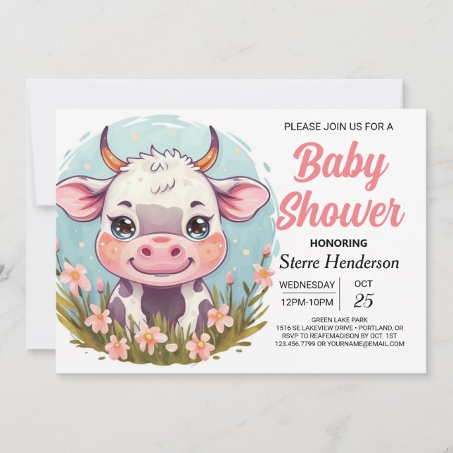 Pastel Anpassningsbar Farmyard Cow Baby Shower Inbjudningar (Framsida)