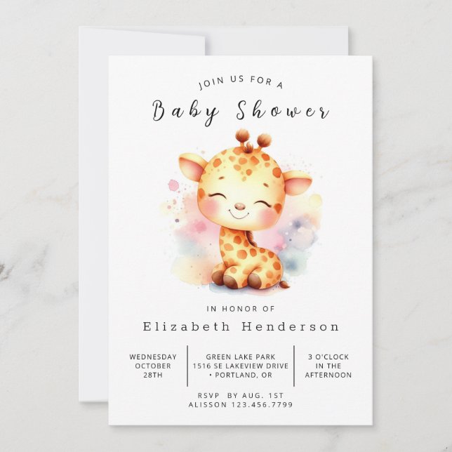 Pastel Anpassningsbar Giraffe Baby Shower Inbjudningar (Framsida)