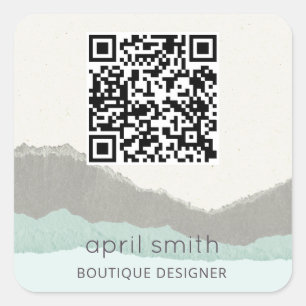 Pastel Aqua Kraft Mountain Wave Torn Kant QR-kod Fyrkantigt Klistermärke