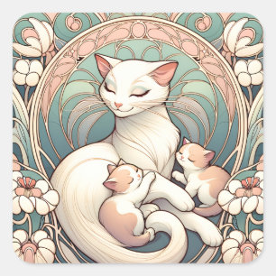 Pastel Art nouveau Mor Cat och Kittens Fyrkantigt Klistermärke