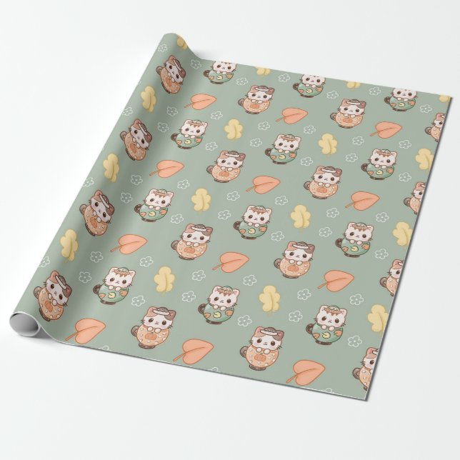 Pastel Autumn Cats in Mugs Pattern Presentpapper (Utrullad)