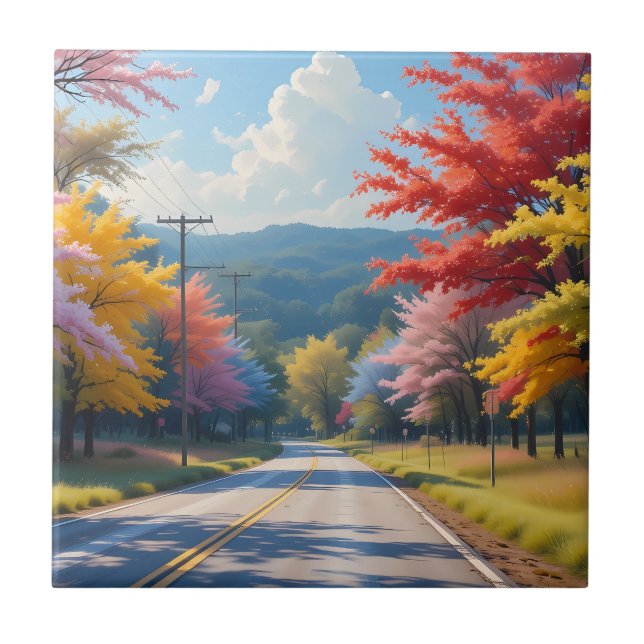 Pastel Autumn Country Road Watercolor Kakelplatta (Framsidan)